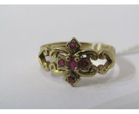 9ct YELLOW GOLD RUBY CLUSTER RING, unusual Art Nouveau design, size Q 