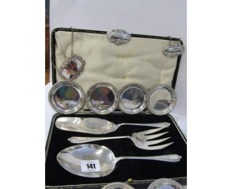 SILVER PLATE, A boxed plated 3 piece serving set, gravy boat, bon-bon dishes and decanter labels etc