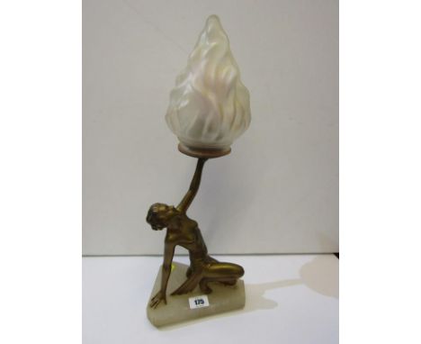 ART DECO LAMP, alabaster base table lamp with nude woman support and frosted flame glass shade 