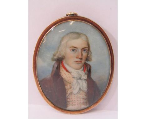 DOUBLE SIDED PORTRAIT MINIATURE, Lady one side, Gentleman on the other, in yellow metal frame 