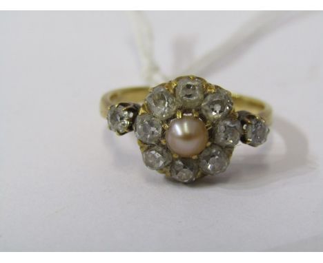 18ct YELLOW GOLD ANTIQUE DIAMOND &amp; PEARL CLUSTER RING, principal pearl surrounded by 8 well matched old cut diamonds, wit