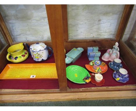 CARLTON, retro orange glaze rectangular serving tray, novelty lady cruet, preserve holder and contents of shelf 