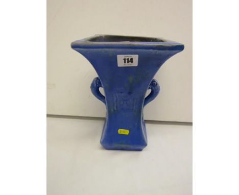 BRANNAM POTTERY, "Archaic Chinese" blue glazed splayed rim square bodied vase, 9.5" height 