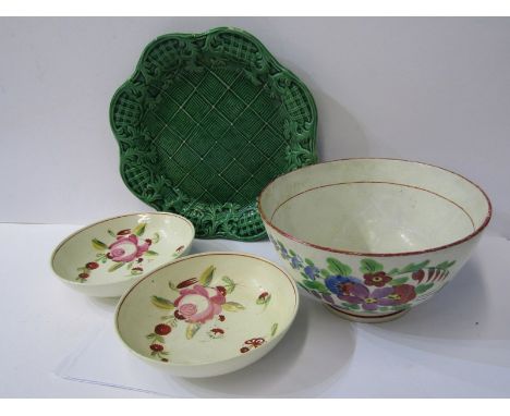 ANTIQUE CREAMWARE POTTERY, early 19th Century green glazed tea pot stand, also pair of creamware rose decorated saucers and s