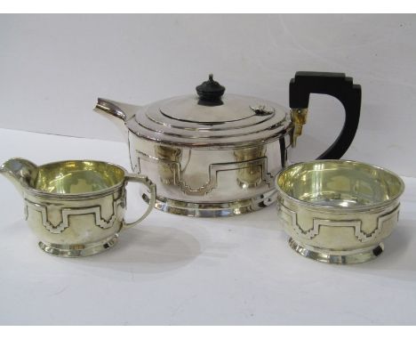 WALKER &amp; HALL TEA SERVICE, Art Deco design 3 piece silver tea service with stylised banded decoration, Sheffield 1937, 94