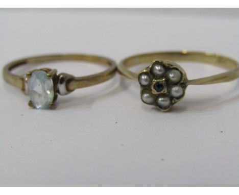 2 x 9ct YELLOW GOLD RINGS, 1 seed pearl and sapphire, other possibly aquamarine, size Q &amp; R 
