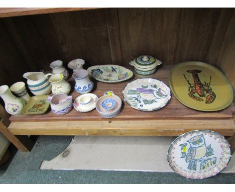 HONITON, shelf of mainly Honiton decorative tableware including leaping Gazelle vase 