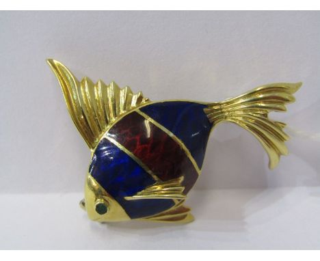 18ct YELLOW GOLD ENAMEL FISH BROOCH, 7.2 grams 