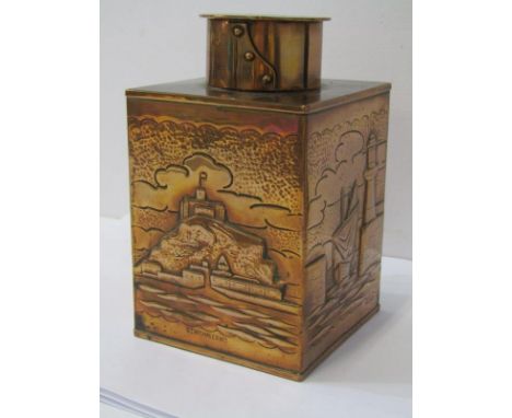 NEWLYN-STYLE COPPER, square base tea caddy by H Dyer depicting St Michael's Mount, harbour and fishing boats, 6" height 