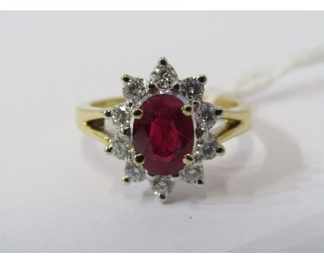 18ct YELLOW GOLD RUBY &amp; DIAMOND CLUSTER RING, principal oval cut ruby, approx 1.5ct, surrounded by bright well matched br