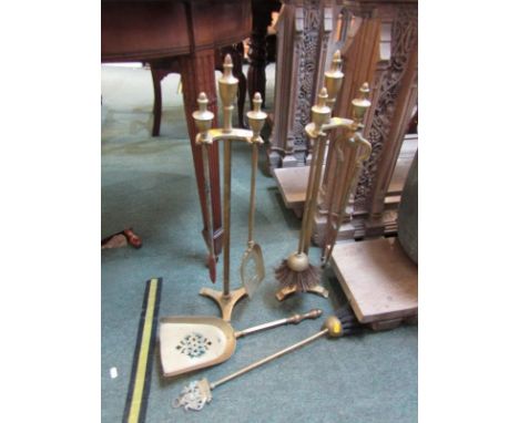 METALWARE, pair of brass fire companion stands with tools, together with 2 brass based table lamps 