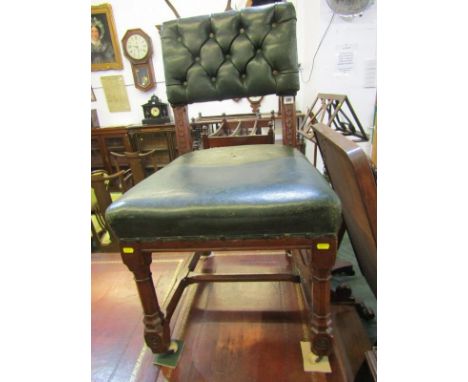 PUGINESQUE CHAIRS, a set of 5 "House of Commons" carved oak green leather button back dining chairs, rosette carved feet roun