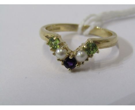 9ct YELLOW GOLD SUFFRAGETTE STYLE RING, wishbone design, peridot, amethyst and seed pearl, the green, white and purple of the