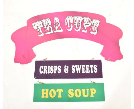 A collection of three vintage late 20th century 1980s fairground / funfair perspex signs. The lot comprising a Hot Soup sign 