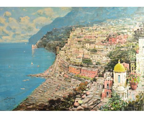 Mario Sanzone (Italian, b. 1946) Positano - 2008 Oil on canvas Signed, titled and dated by the artist Measures approx. 133cm 
