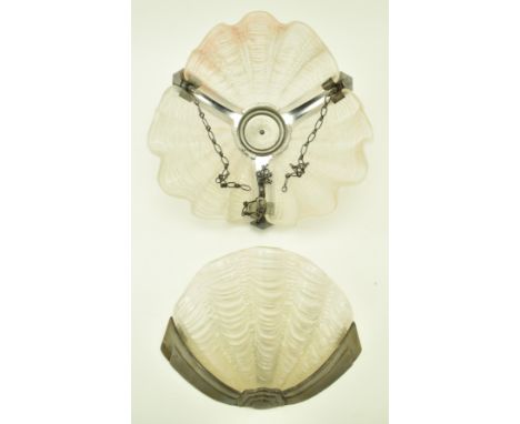 A vintage 1930s Art Deco odeon style clamshell ceiling lamp light fitting / chandelier. The shade formed from three triform f