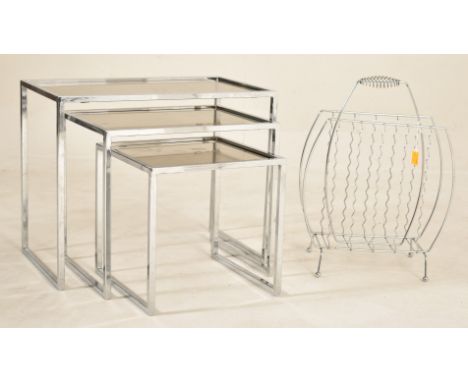 A retro 20th century grey glass &amp; chrome metal nest of three graduating tables, together with chrome magazine rack. The n
