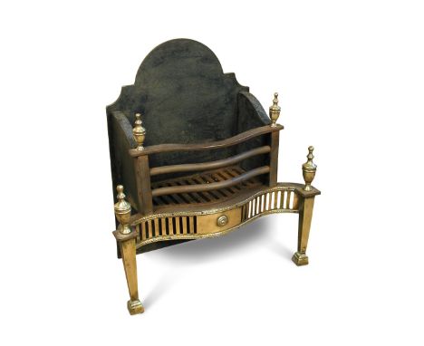 A George III style cast iron fire grate, of serpentine outline with brass apron, columns and urn finials 64 x 80 x 36cm (25 x