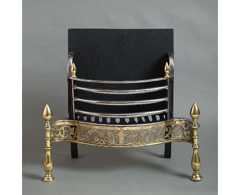 An early 19th century engraved brass & iron fire grate, with engraved brass fret and turned legs with conical finials 66 x 58