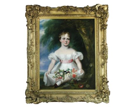 English School, 19th Century  Portrait of a young girl, seated, holding flowers in her lap, in a landscape oil on canvas 90 x