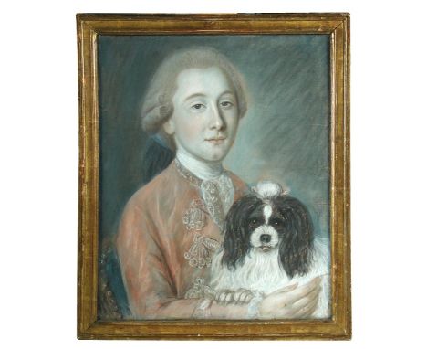 French School, 18th Century  Portrait of a gentleman in pink brocade lace-trimmed jacket holding a pet spaniel pastel on pape