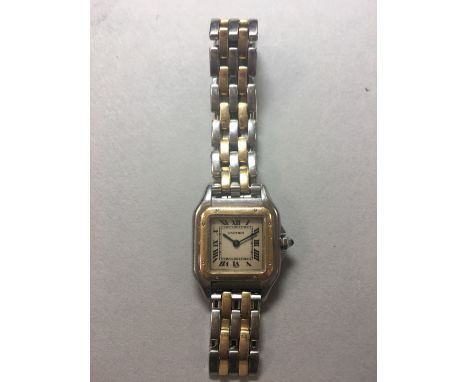 Cartier - A lady's bi-colour 'Panthère' wristwatch, the 22mm square cream coloured dial with Roman numerals and blued sword s