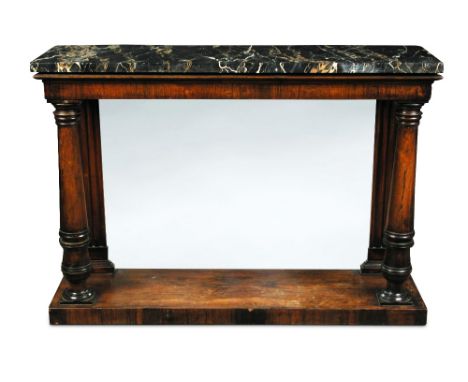 A Regency rosewood and marble console, the grey veined marble to a plain frieze, above a base with open columns and a mirrore