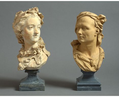 Two early 18th century French Terracotta busts, finely sculpted, the female by JBLM, Jean Baptiste LeMoyne, sculptor to Louis