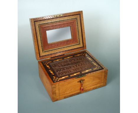 Miss M.J. Plant "Jinny" aged 23 years April 11th 1891', her parquetry box, the interior of the rectangular lid inset with a m