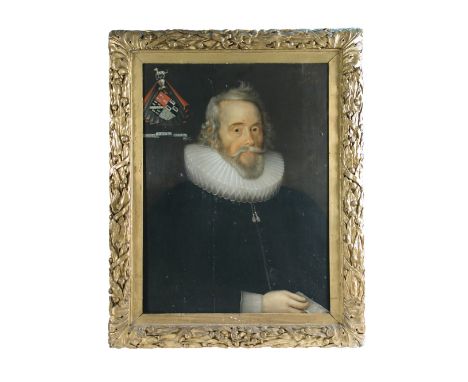 English School Portrait of Sir Giles Alington (1572-1638), in black with a white ruff, holding a letter charged with Coat-of-