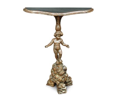 A carved giltwood and slate console table, the silvered column carved with a cherub on a rocky base 89 x 73 x 30cm (35 x 28 x