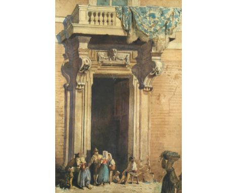 Italian School, early 19th Century  A pair of architectural studies - Figures in conversation outside a portico; and an inter