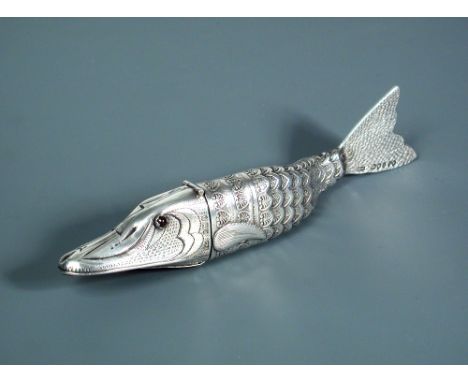 A Victorian silver flask in the form of an articulated fish, sponsor's mark Barnet Henry Joseph & Co, London 1889, with impor