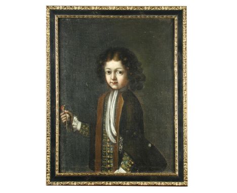 English School, circa 1675  Portrait of a young boy, half-length, in a white stock and brown frogged waistcoat, holding a gol