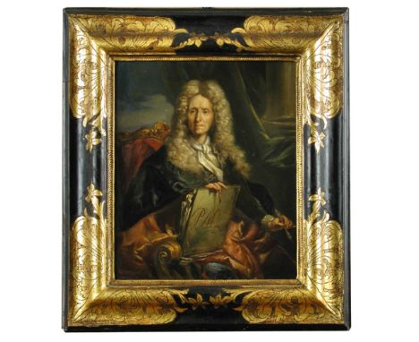 After Hyacinthe Rigaud (French, 1659-1743) Portrait of Pierre Mignard, the artist, holding a paint brush and a book inscribed