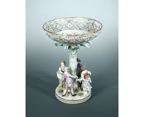 A Meissen figural comport, circa 1890, the circular base mounted with four playful children dressed in 18th century attire, t
