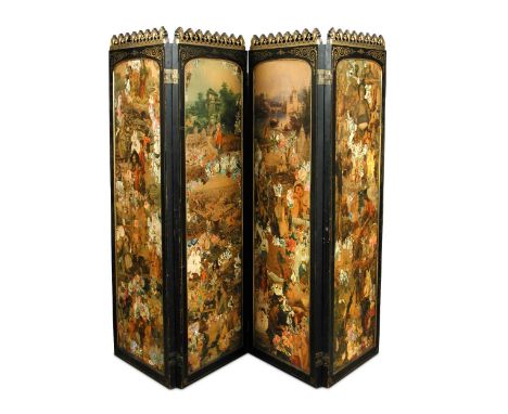 A 19th century Gothic revival four fold screen, the ebonised and parcel gilt frame with applied print decoration, to both sid