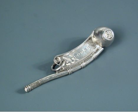 A Victorian silver Royal Navy bosun's whistle by George Unite, Birmingham 1873, the barrel shaped buoy bearing the Royal Nava