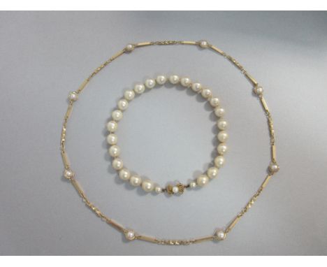 A cultured pearl and fancy link necklace together with a simulated pearl necklace, the first designed as a regular line of sq