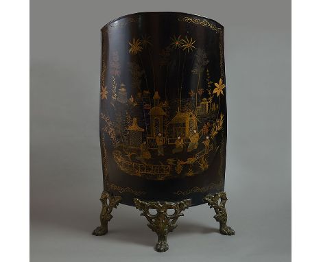 A Regency Tole ware convex fire screen, decorated with Chinoiseries, on a cast iron stand with lion paw feet 119 x 61cm (46 x