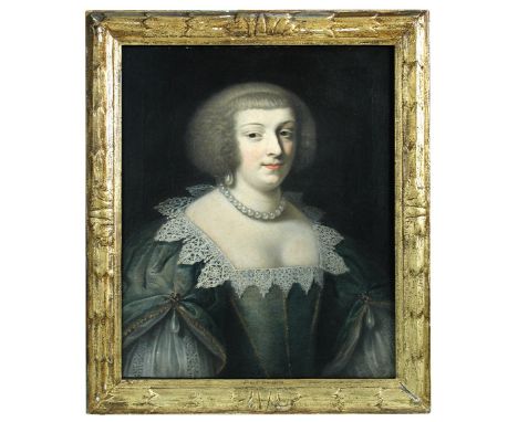 French School, 17th Century  Portrait of an unknown lady, head and shoulders, in a dress of blue, grey and gold, wearing pear