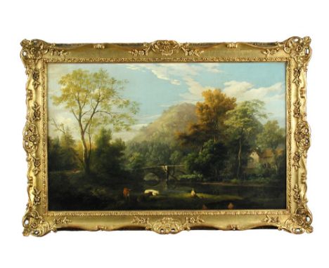English School, 19th Century  Cattle by a fisherman on a river bank, a packhorse bridge and cottage beyond oil on canvas 52 x