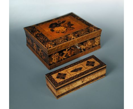A Victorian Tunbridge ware box and eleven other Tunbridge wares, the slightly domed rectangular top of the first worked with 