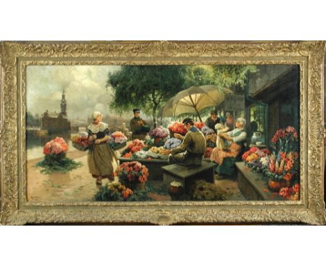 Rudolf Alfred Höger (Austrian, 1877-1930) Flower Market at Haarlem signed "R A Höger" lower left oil on canvas 57 x 115cm (22