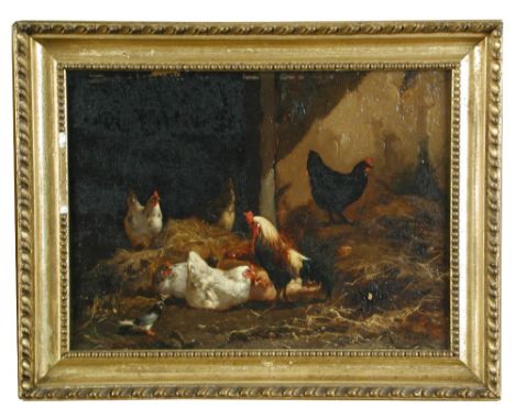 Eugène Rémy Maes (Belgian, 1849–1931) Studies of cockerels, chickens and pigeons, in a farmyard, and in a barn both signed lo