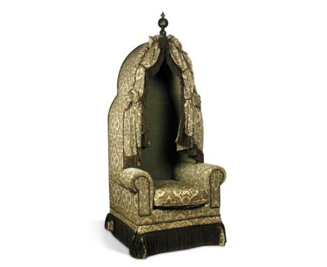 A Hall Porter's hooded chair, upholstered in a green patterned fabric with a turned wood finial 240 x 103 x 90cm (94 x 40 x 3