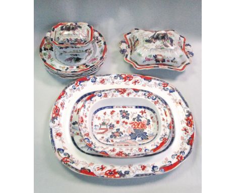 An Ashworth 'Real Stone China' part Imari dinner service, printed and painted with flowering prunus and fanciful birds, compr