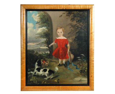 English Provincial School, 19th Century  Portrait of a child standing full length in a red dress with a pet spaniel, holding 