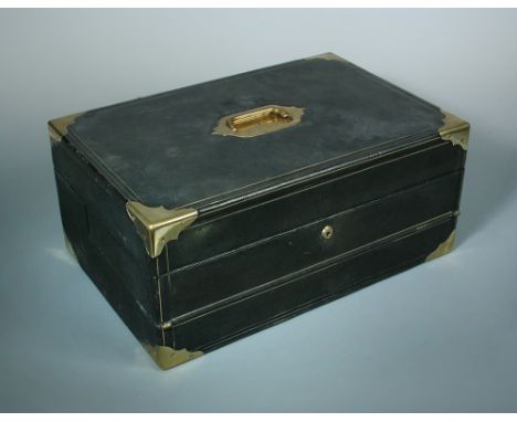 Fisher, 188 Strand, London', a mid-Victorian brass bound green leather writing case, the brass handle plate to the handle cen