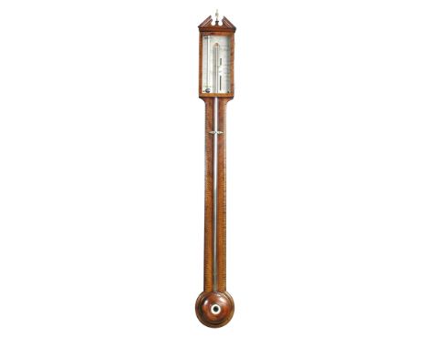 A George III mahogany stick barometer signed Joseph Tory & Co London, the triangular pediment with finial above rectangular e